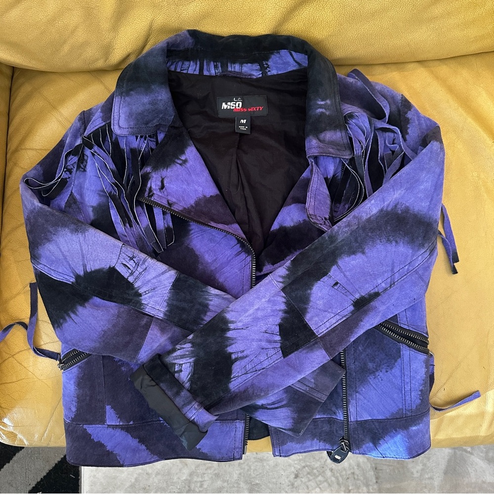 Miss Sixty Purple and Black Tie-Dye leather Jacket with fringe !